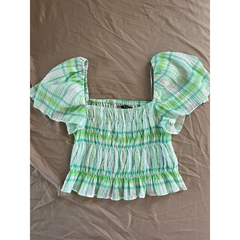 Zara Green Plaid Smocked Puff Sleeve Crop Top Women's Small Cottagecore